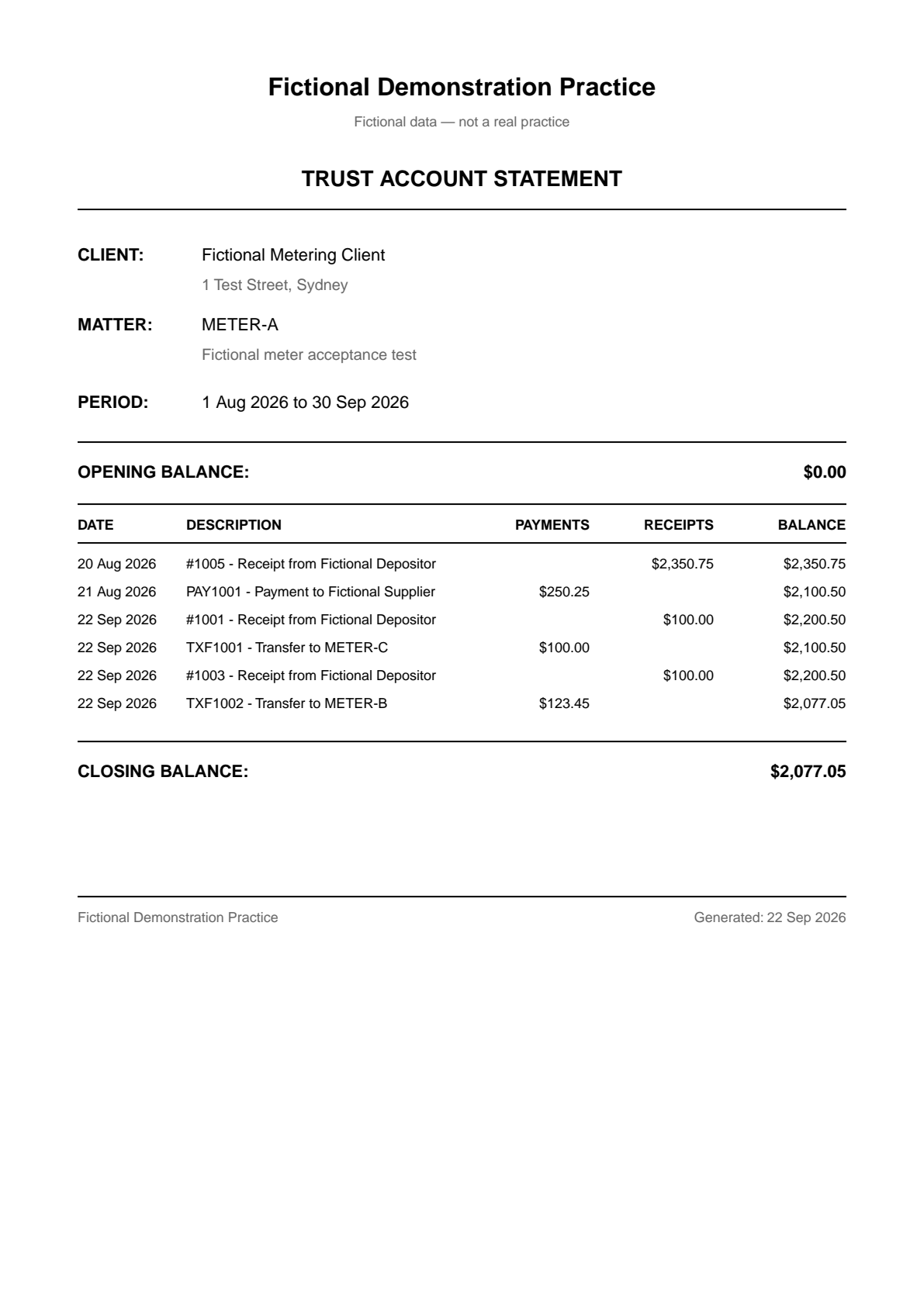 A trust account statement for one matter of a fictional practice, listing dated receipts, payments and transfers with a running balance, and opening and closing balances for the period.